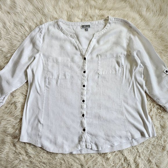 JM Collection Women's White Linen Coconut Button Down Casual Shirt Size 18 - Picture 2 of 9